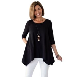 Aria Handmade Lagenlook Asymmetric Black Cotton Tunic 3/4 Sleeves - Large